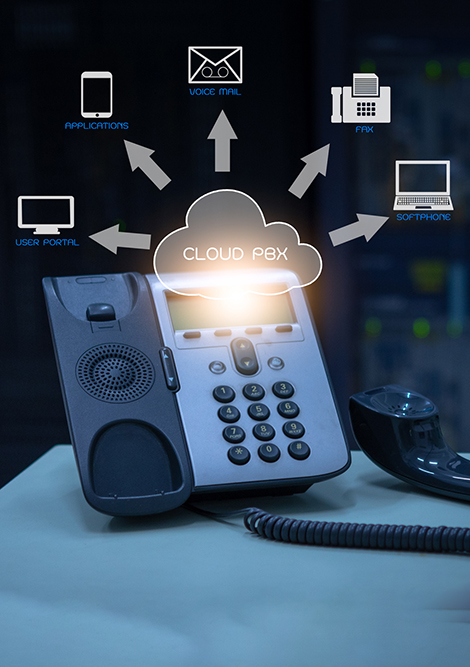 Telephony cloud pbx concept, telephone device with illustrati