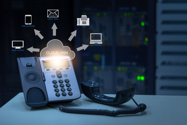 IP Telephony cloud pbx concept, telephone device with illustrati