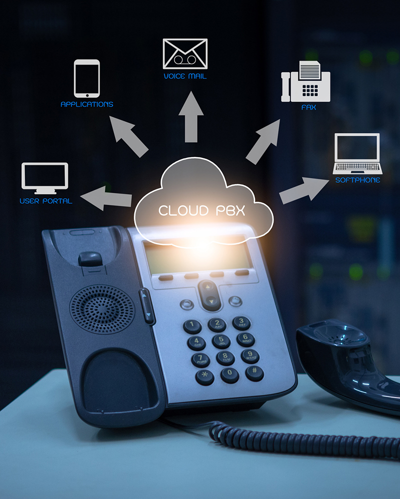 IP Telephony cloud pbx concept, telephone device with illustrati